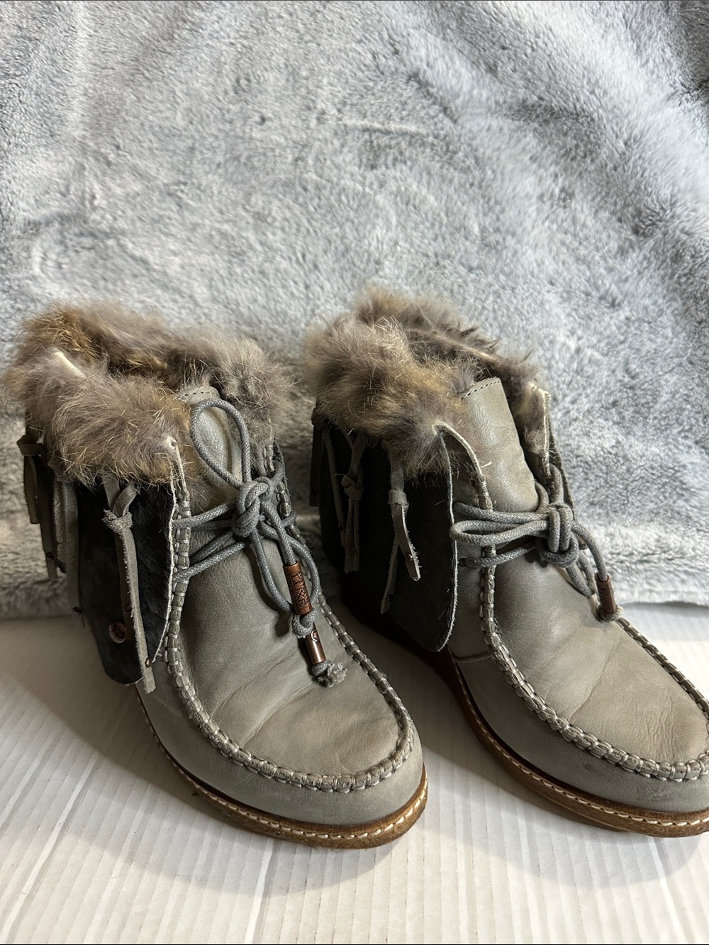 Australia Luxe Collective Meditere Wedge Rabbit Fur Gray Boots Sz